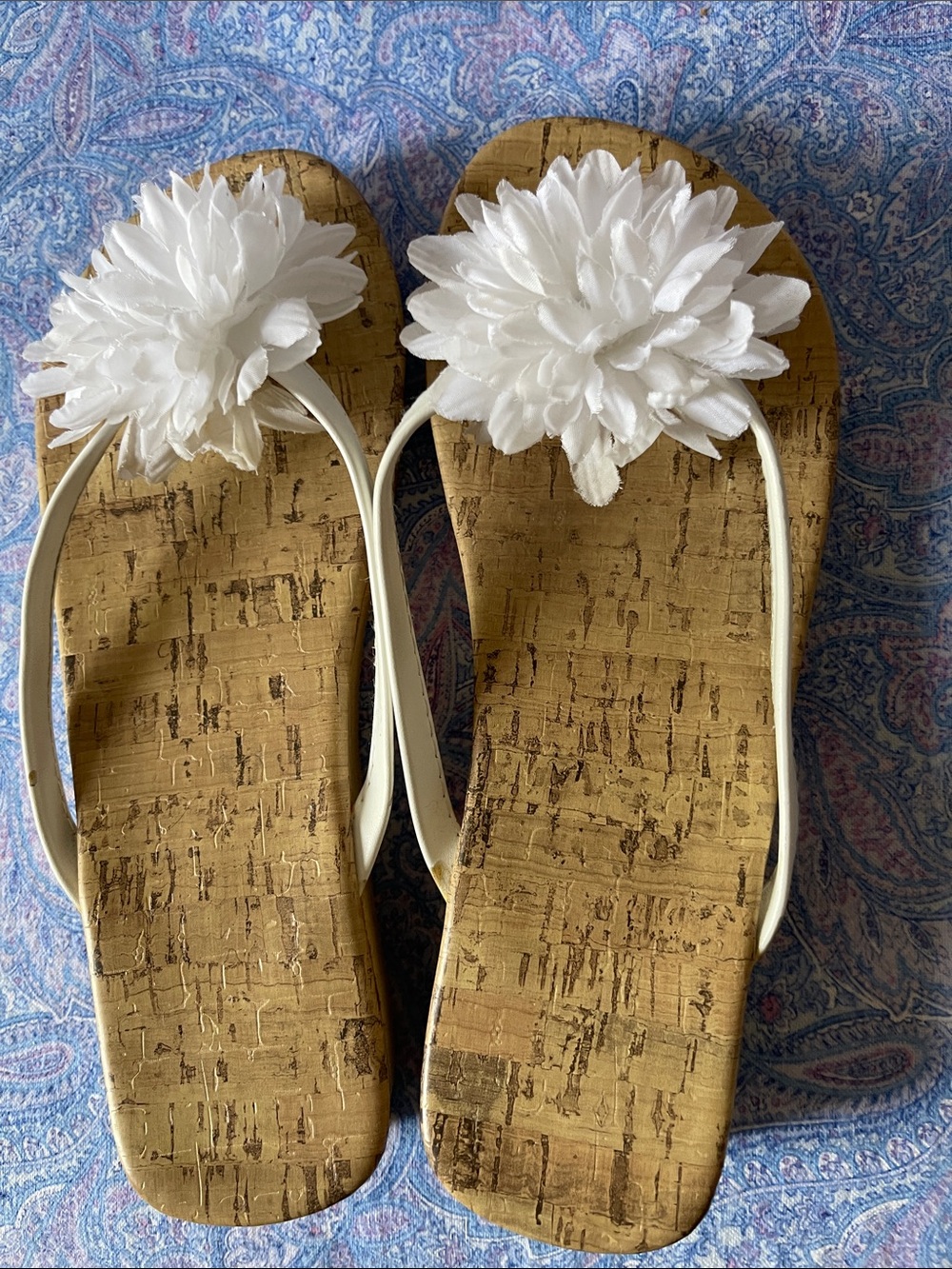 White Flower Wedge Cork Flip Flop Sandals - Women's